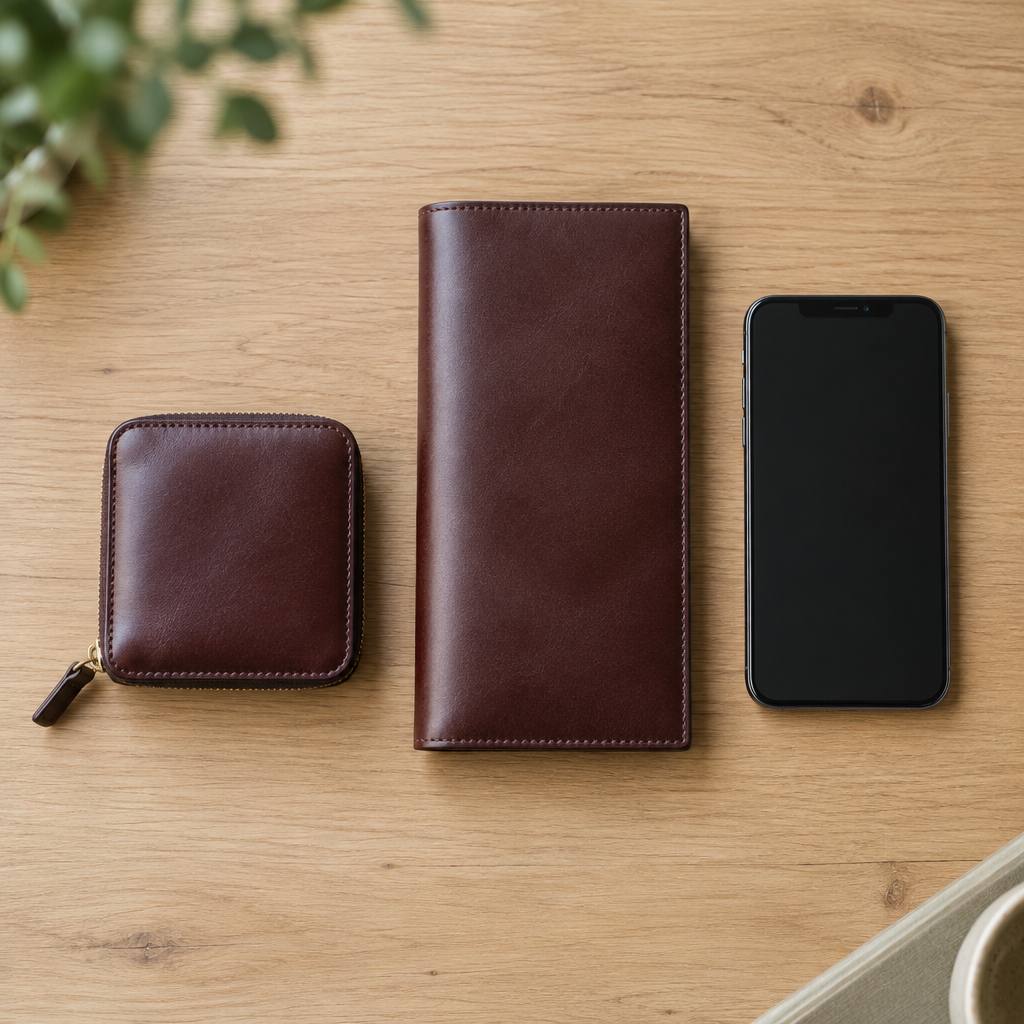 小さなファスナー財布と長財布とスマートフォンを並べた大きさの比較