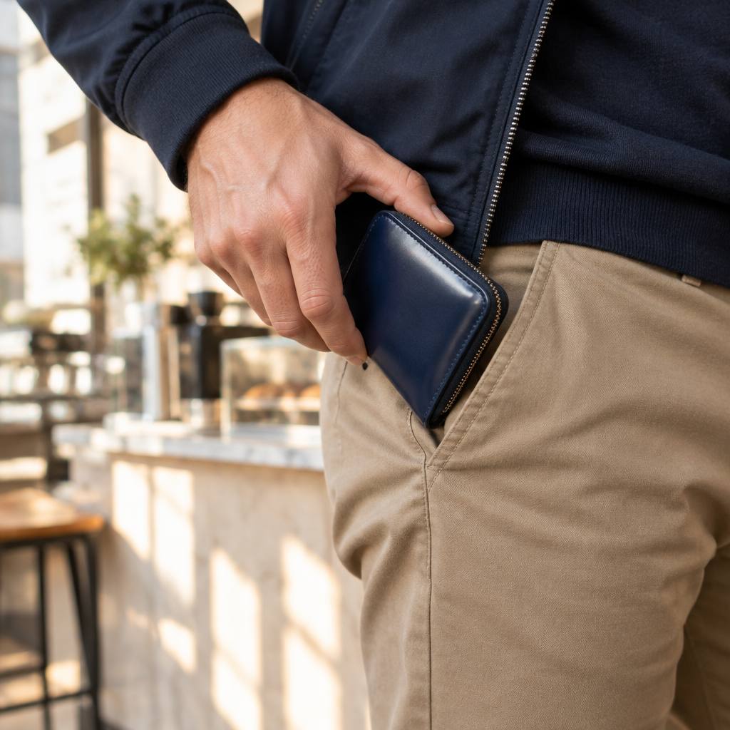 紺のコードバンの小さな財布をズボンのポケットに入れる男性の手元