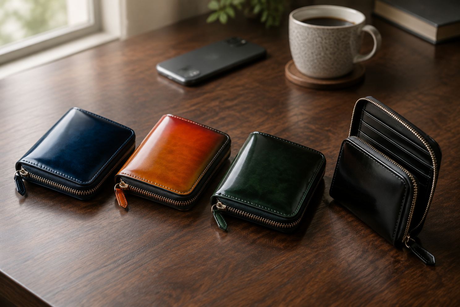 青・オレンジ・緑・黒の手のひらサイズのコードバン財布4つ